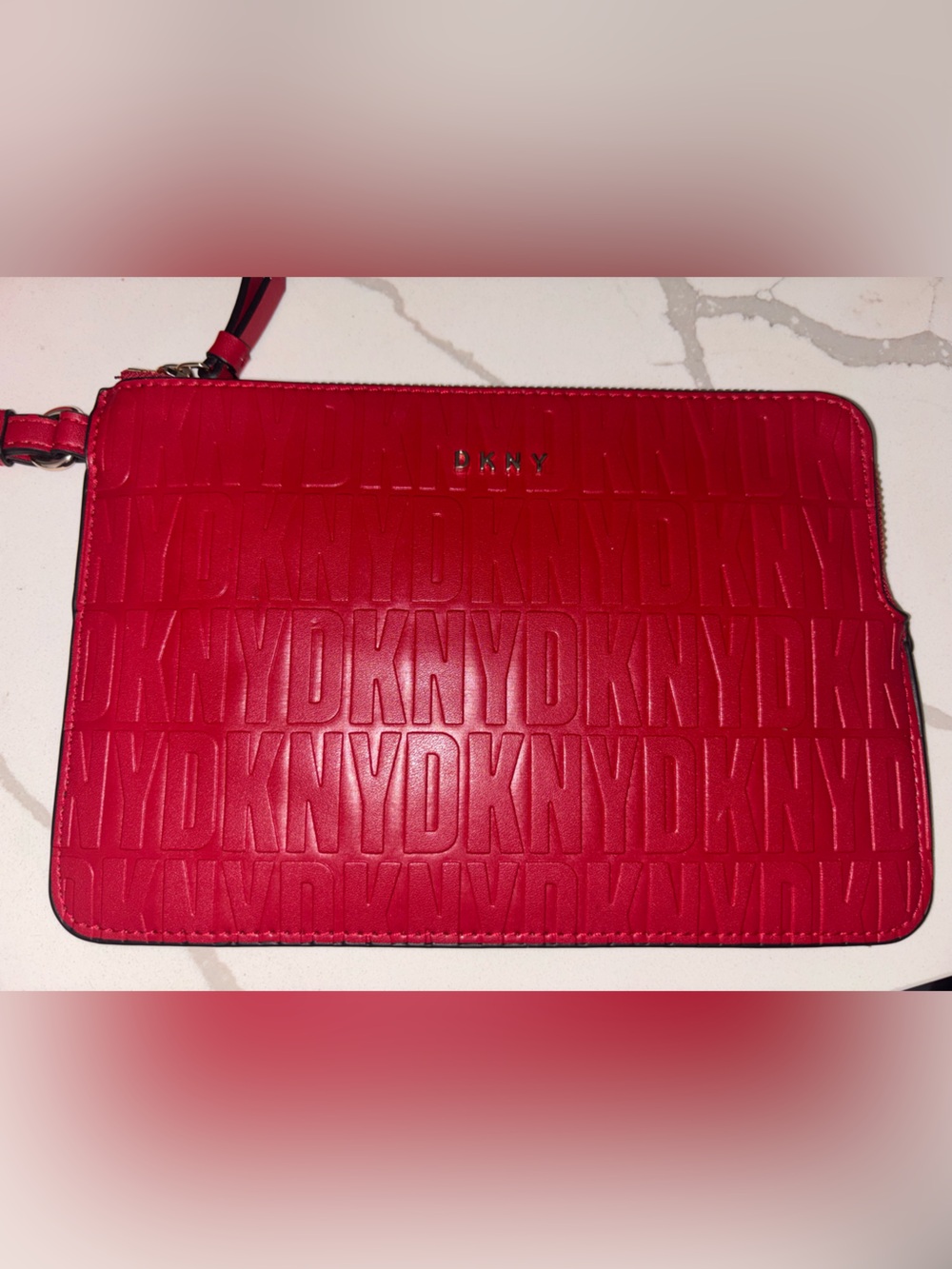 DKNY Red Embossed Logo Zip Wristlet